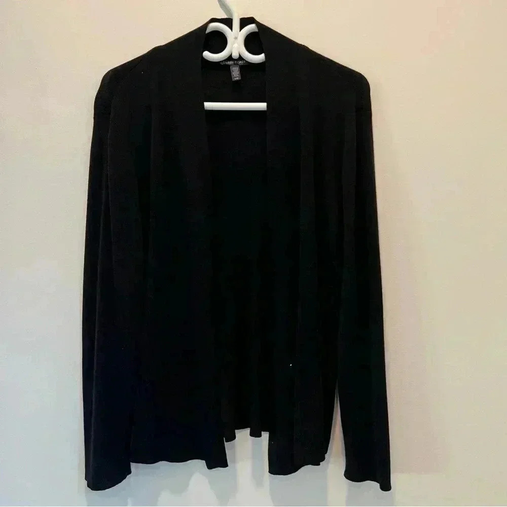 Eileen Fisher Black Long Sleeve Cardigan 100% Merino Wool size L